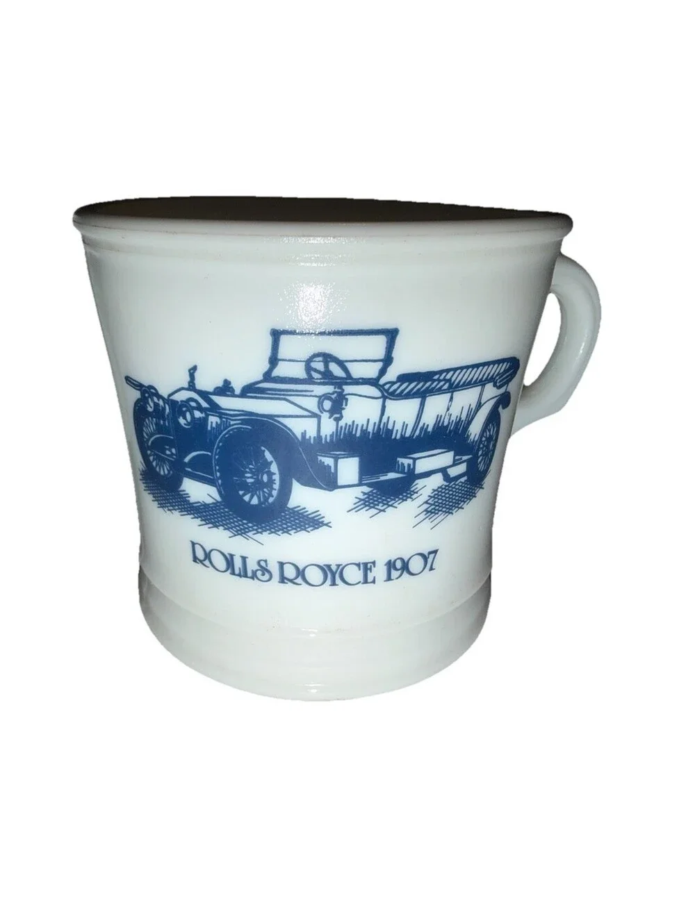 Vintage Shaving Mug Cup Rolls Royce 1907 Surrey White Milk Glass Mens Grooming